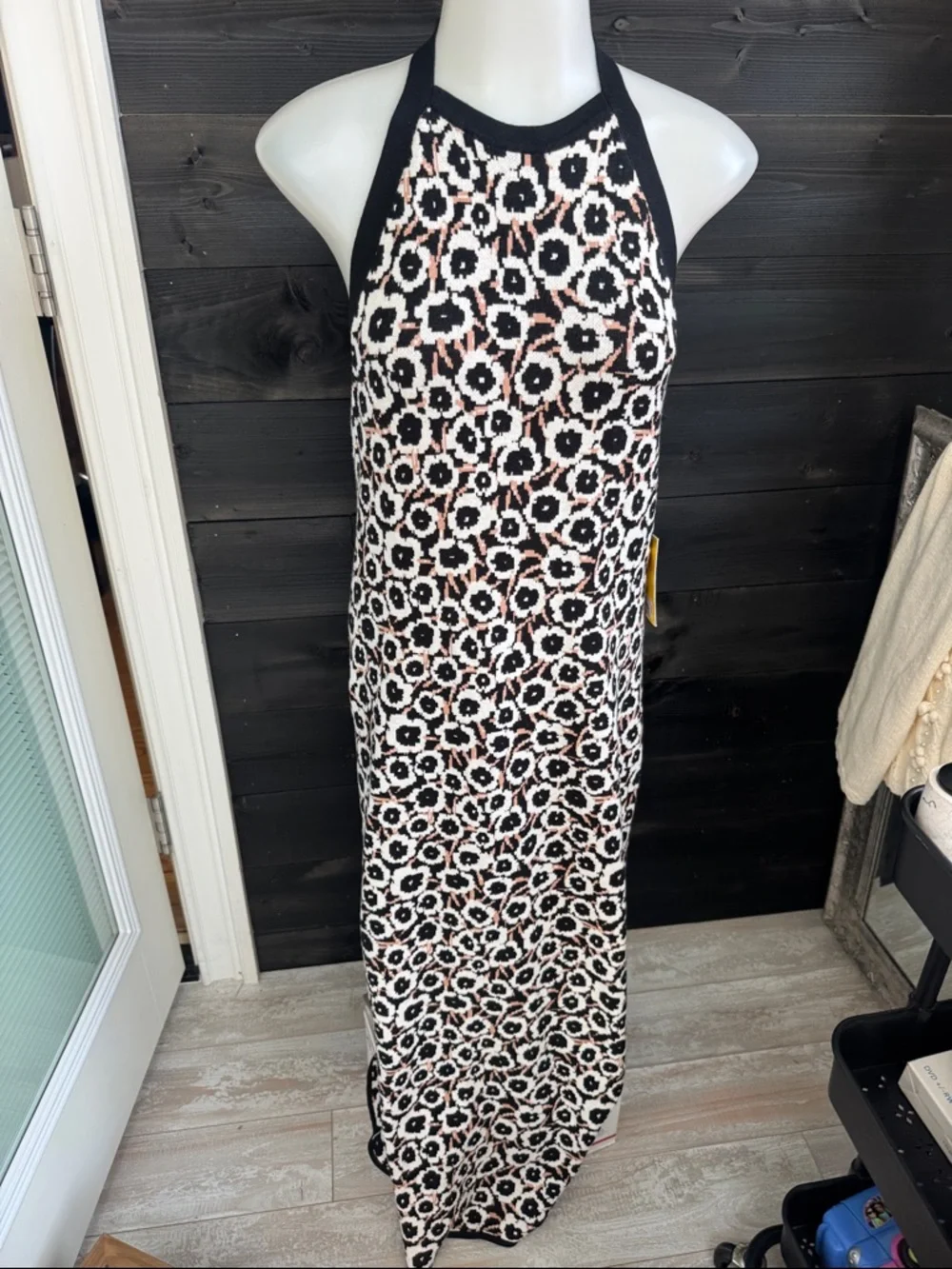 NEW Diane Von Furstenberg Halter Midi Dress BLack & White Floral Print Body-con